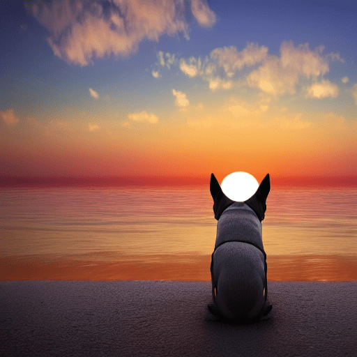 Dog on the beach at sunset